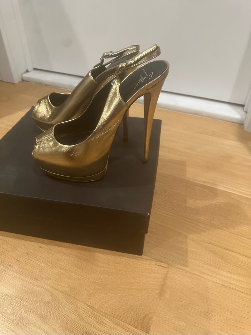 Giuseppe Gold Metallic Peep-Toe Slingback Heels - Women Shoes